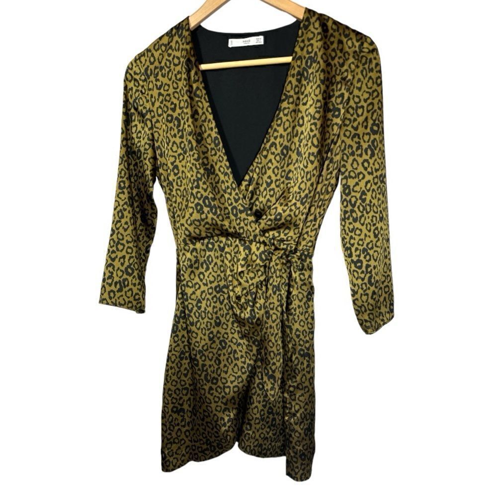 MANGO Women's Leopard Print Wrap Mini Dress Olive/Black Size 2